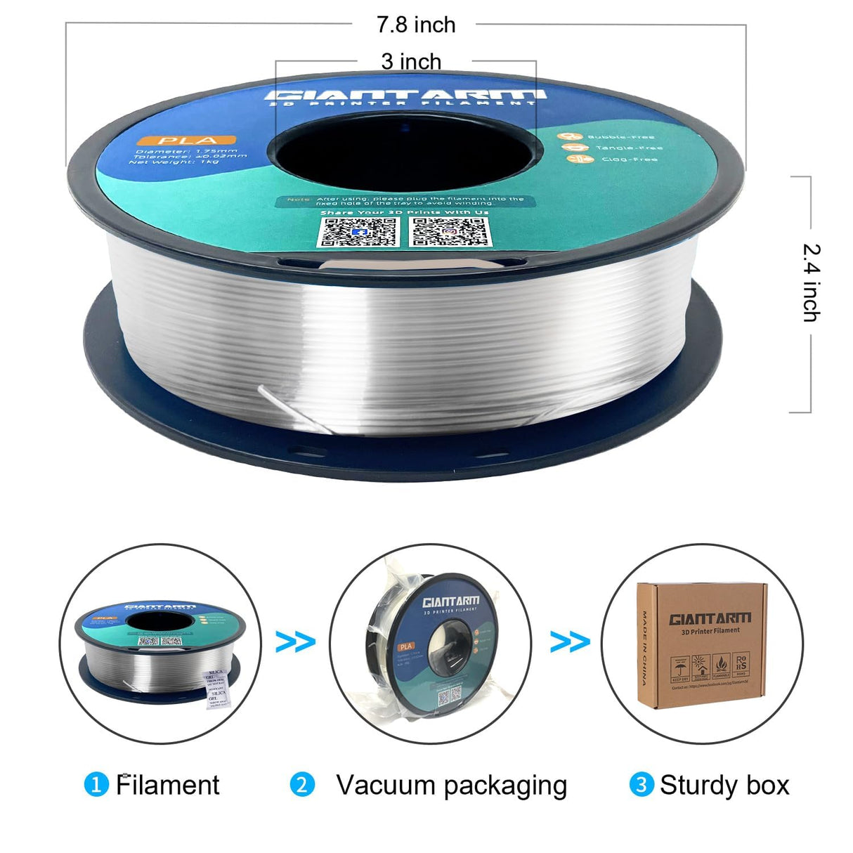 GIANTARM Clear PLA Filament, 1.75mm Transparent PLA 1kg Spool (2.2lbs), 3D Printer Filament with Vacuum Packaging GIANTARM