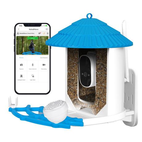 Baba&Nana Smart Bird Feeder with Camera, Solar-Powered Wireless Outdoor Hanging Birdhouse with WiFi, Auto-Capture Hummingbird Live Videos & Motion Activated AI Bird Identifier for Bird Watching (BLUE) Baba&Nana