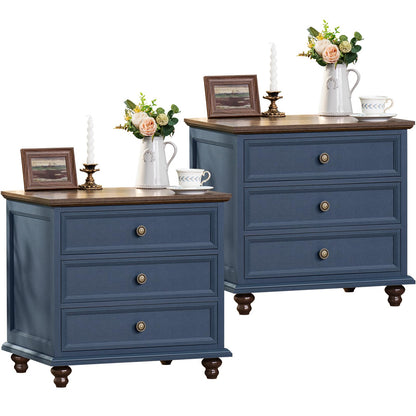 Joaxswe 24" Wide Farmhouse Night Stand Set of 2,Large End Table with 3 Drawers & Metal Handle,Blue Dresser for Bedroom,Bed Side Table Chest of Drawers Cabinet,Wood Nightstand for Living Room, - WoodArtSupply