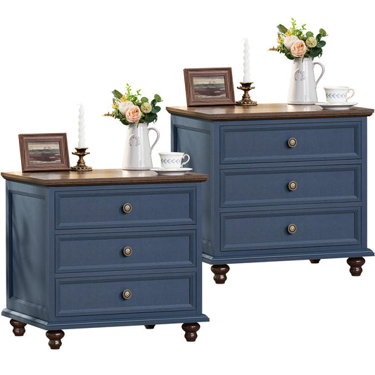 Joaxswe 24" Wide Farmhouse Night Stand Set of 2,Large End Table with 3 Drawers & Metal Handle,Blue Dresser for Bedroom,Bed Side Table Chest of Drawers Cabinet,Wood Nightstand for Living Room, - WoodArtSupply