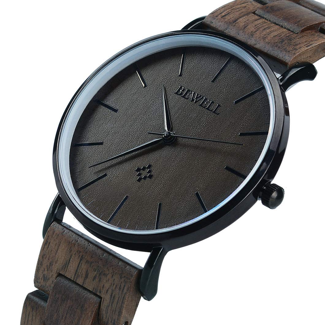 BEWELL Wooden Watches for Men Women Slim Analog Quartz Minimalist Couple Wrist Watch W163A (Mens-Black) BEWELL