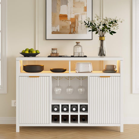 Fluted Home Bar Wine Cabinet with LED Light, Charging Station, Wine Rack - Buffet Cabinet with Storage, Coffee Bar Table, Stylish Fluted Credenza Cabinet for Modern Home Kitchen 47.2" White Svimi