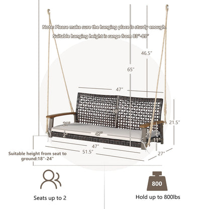 Tangkula 2 Person PE Wicker Porch Swing Bench, Outdoor Hanging Swing with Soft Seat Cushion and Hanging Ropes(Length of 118" for Each Chain), 800 LBS Weight Capacity - WoodArtSupply