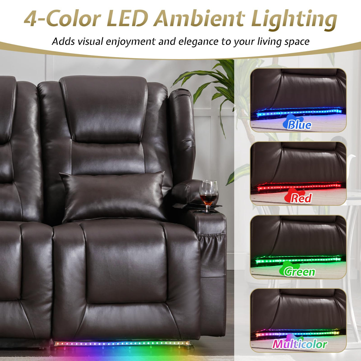 SAMERY Power Loveseat Recliner Sofa with Adjustable Split Back, Multi-Port Charger, Flip-Up Backrest & LED Lighting - Home Theater Seating with Storage, Cup Holders, Brown Faux Leather Loveseat SAMERY