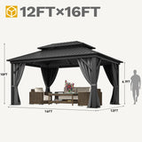 DWVO 12x16ft Gazebo Double Roof Hardtop with Nettings and Curtains, Heavy Duty Galvanized Steel Outdoor Vertical Stripes Roof for Patio, Backyard, Deck, Lawns, Grey DWVO