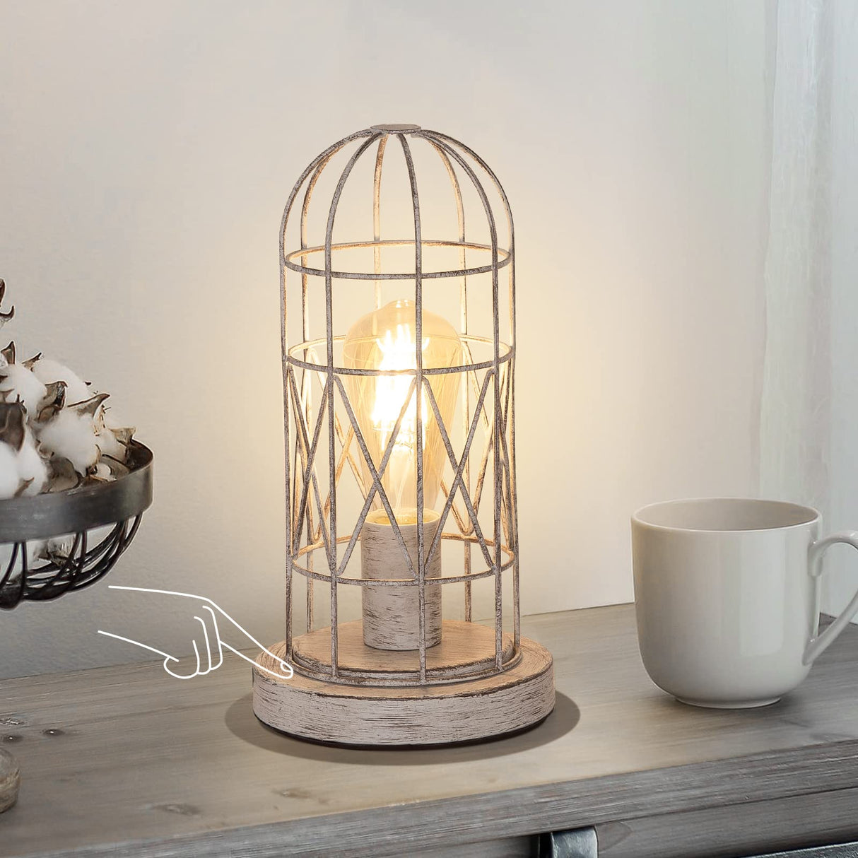 Small Table Lamp, Touch Control Table Lamp with Brushed White Oak Cage, Farmhouse Bedside Lamp 3-Way Dimmable Nightstand Lamp Edison Lamp for Bedroom, Living Room, Hallway, Kitchen, LED Bulb Included Seaside village