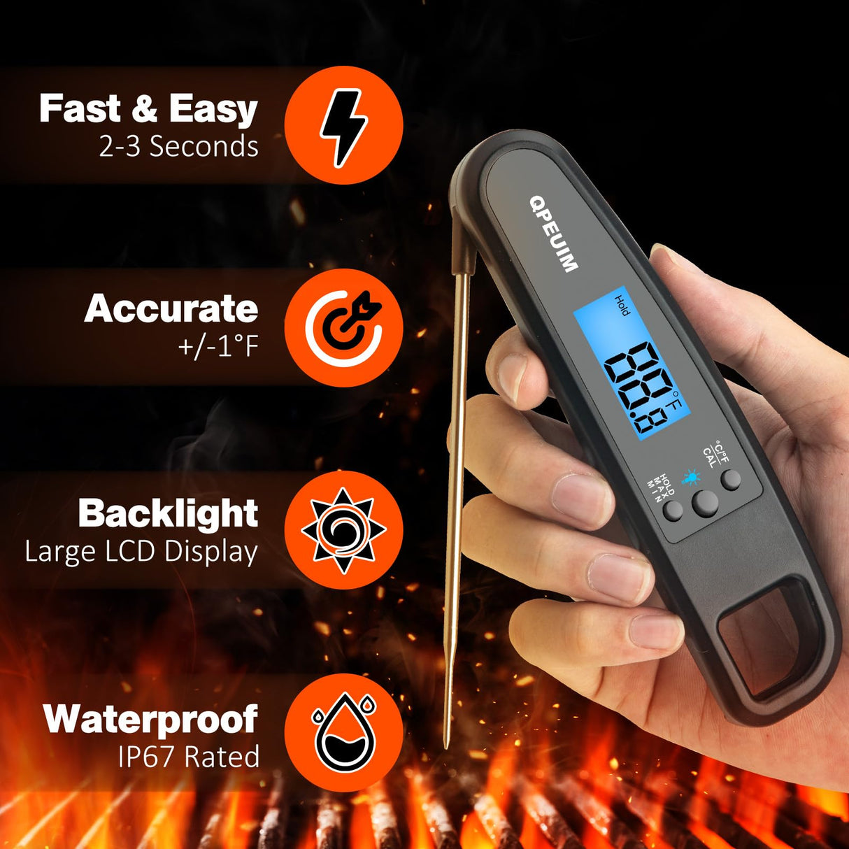 Digital Meat Thermometer Instant Read Meat Thermometer for Cooking Kitchen Food Candy with Backlight and Magnet for Oil Deep Fry BBQ Grill Smoker Thermometer by QPEUIM QPEUIM