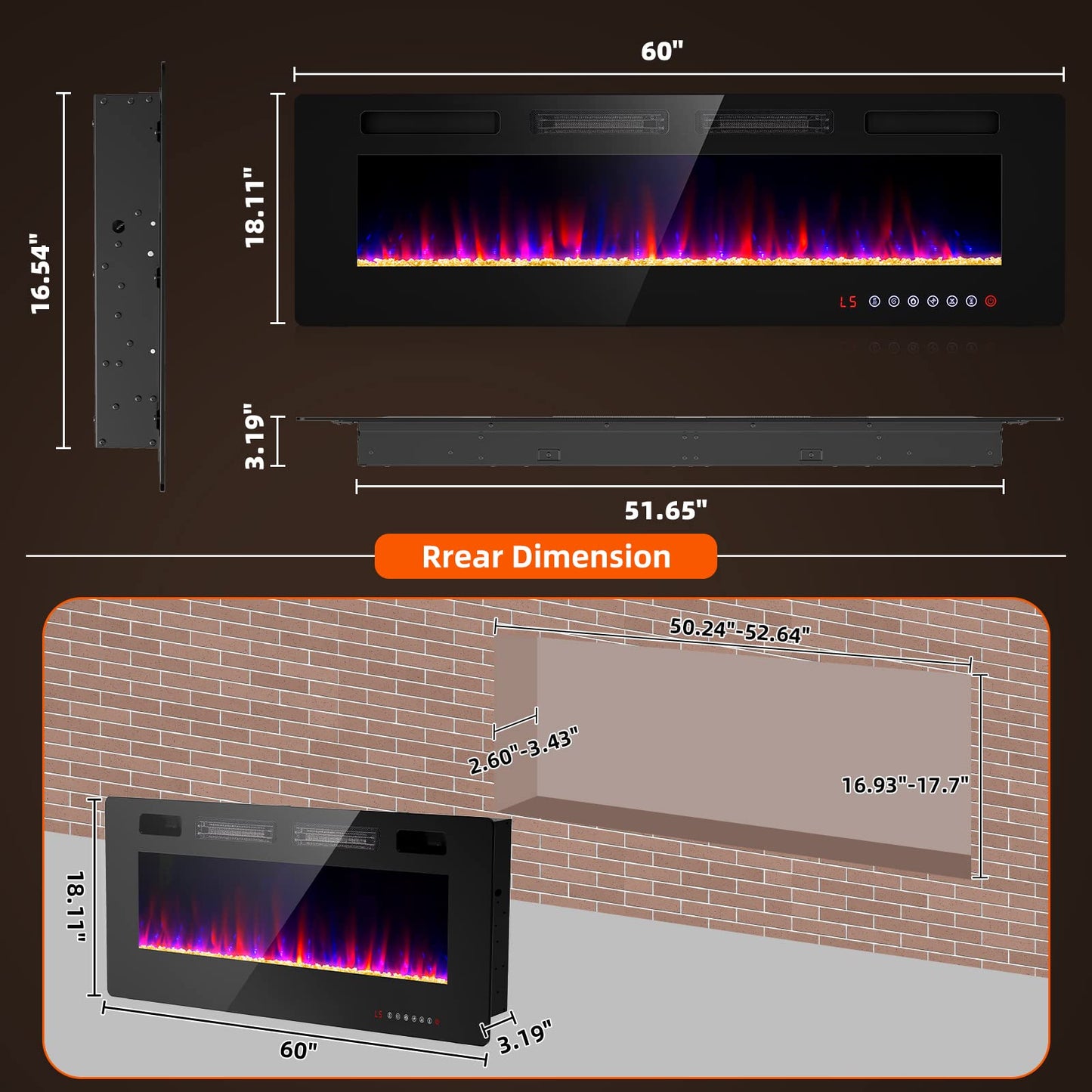 Zionheat 60 inches Electric Fireplace-Wall Fireplace for Living Room-Fireplace Freestanding/Inserts/Wall Mounted with Remote Control, Timer, Dimmer, 12 Flame Colors, 750/1500W, Ultra Thin