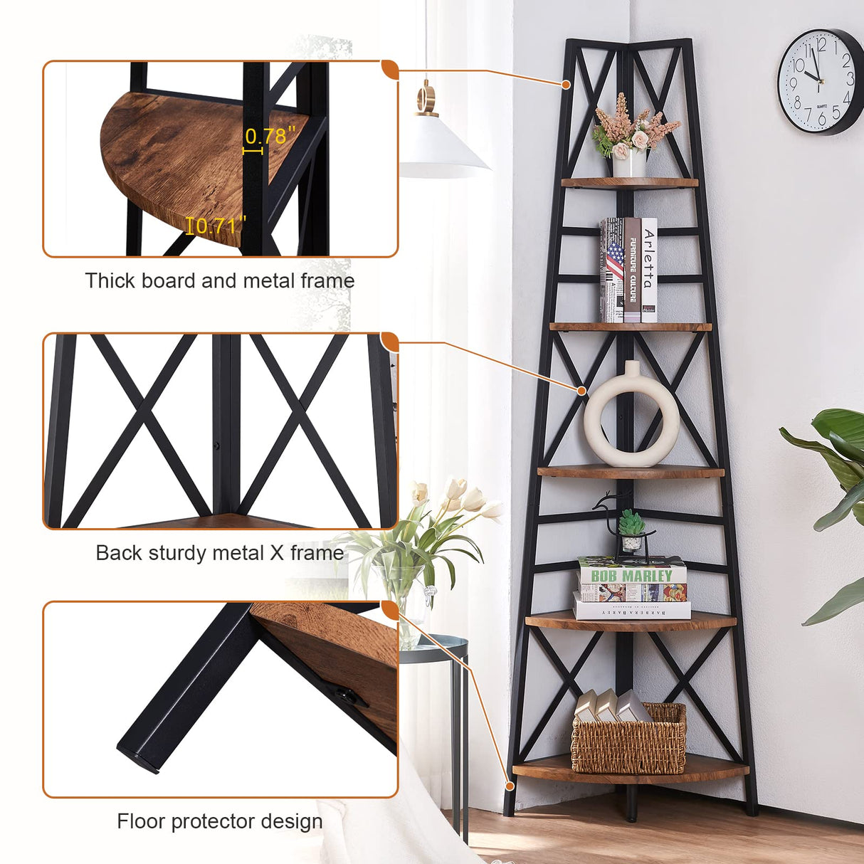 HOMBAZAAR 72-Inch Rustic Brown 5-Tier Corner Bookshelf with Metal Frame HOMBAZAAR