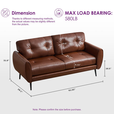 TYBOATLE Sofa Couch 61" Small Loveseat Couches for Living Room Leather Couch Mid Century Modern Tufted Mini Sofa Comfy Office 2 Seat Settee Love Seat Loveseat for Small Spaces Bedroom (3, Brown) TYBOATLE