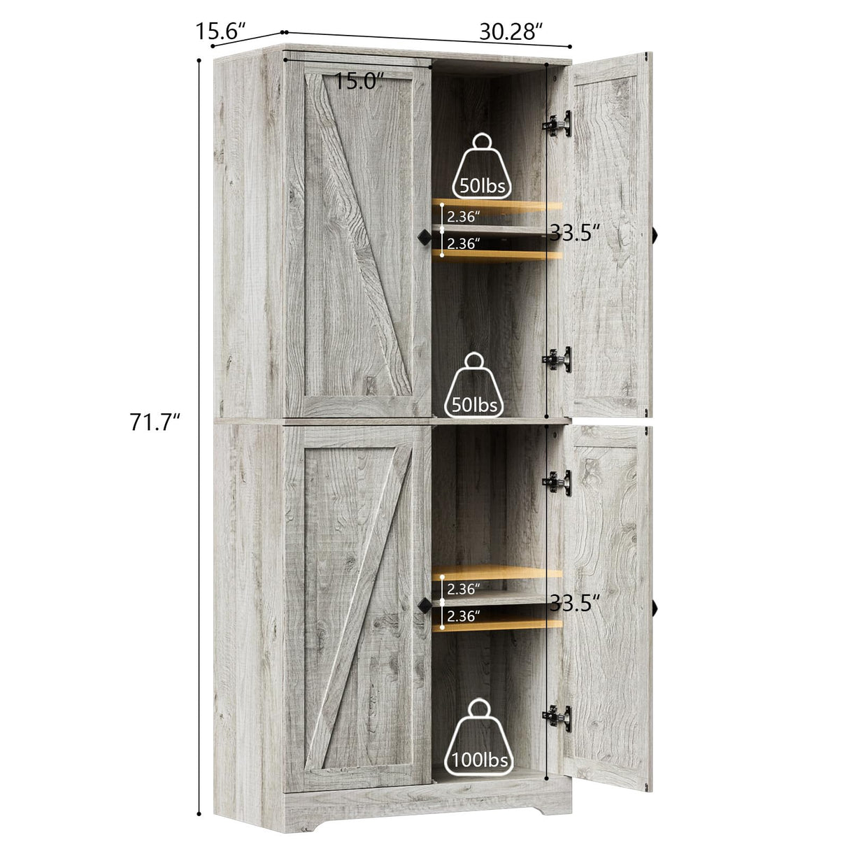 LYNSOM Farmhouse Storage Cabinet 72" Tall, Kitchen Pantry Cabinet with 4 Barn Doors and Adjustable Shelves, Freestanding Storage Cabinets for Kitchen, Grey LYNSOM