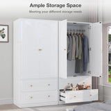 Wardrobe Closet with 2 Door & 2 Drawer, 71" White Bedroom Wooden Armoire with Hanging Rod, Freestanding Large Capacity Clothing Wardrobe Cabinet w/Gold Handles for Bedroom Buenhomino