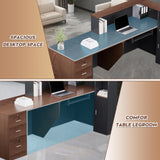 L-Shaped Modern Large Wooden Commercial Reception Desk with Counter & Shelves, Front Reception Desk Counter Table with Storage, Drawers for Offices,Home (Brown + Black, Right - 84''L x 34''W x 41''H) Drexo