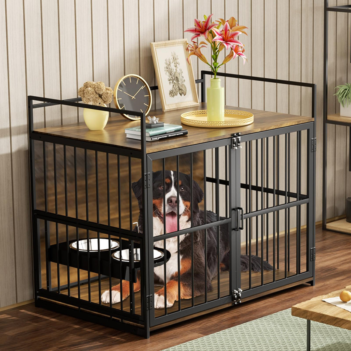 ROOMTEC Dog Crate Furniture-Style Cages for Large Dogs Indoor Heavy Duty Super Sturdy Dog Kennels with 2 Stainless Steel Bowls (48Inch = Int.dims: 46" W x 29" D x 35.5" H) ROOMTEC