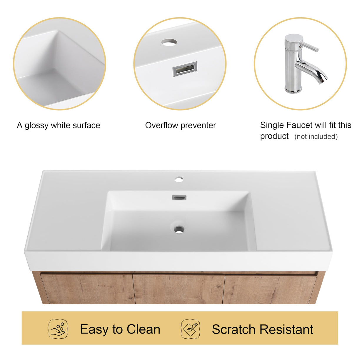 Malwee 48 Inch Floating Bathroom Vanity with Sink, 48'' Single Sink Wall Mounted Bathroom Vanity, with 2 Doors and White Resin Basin Sink Top (035-48) Malwee