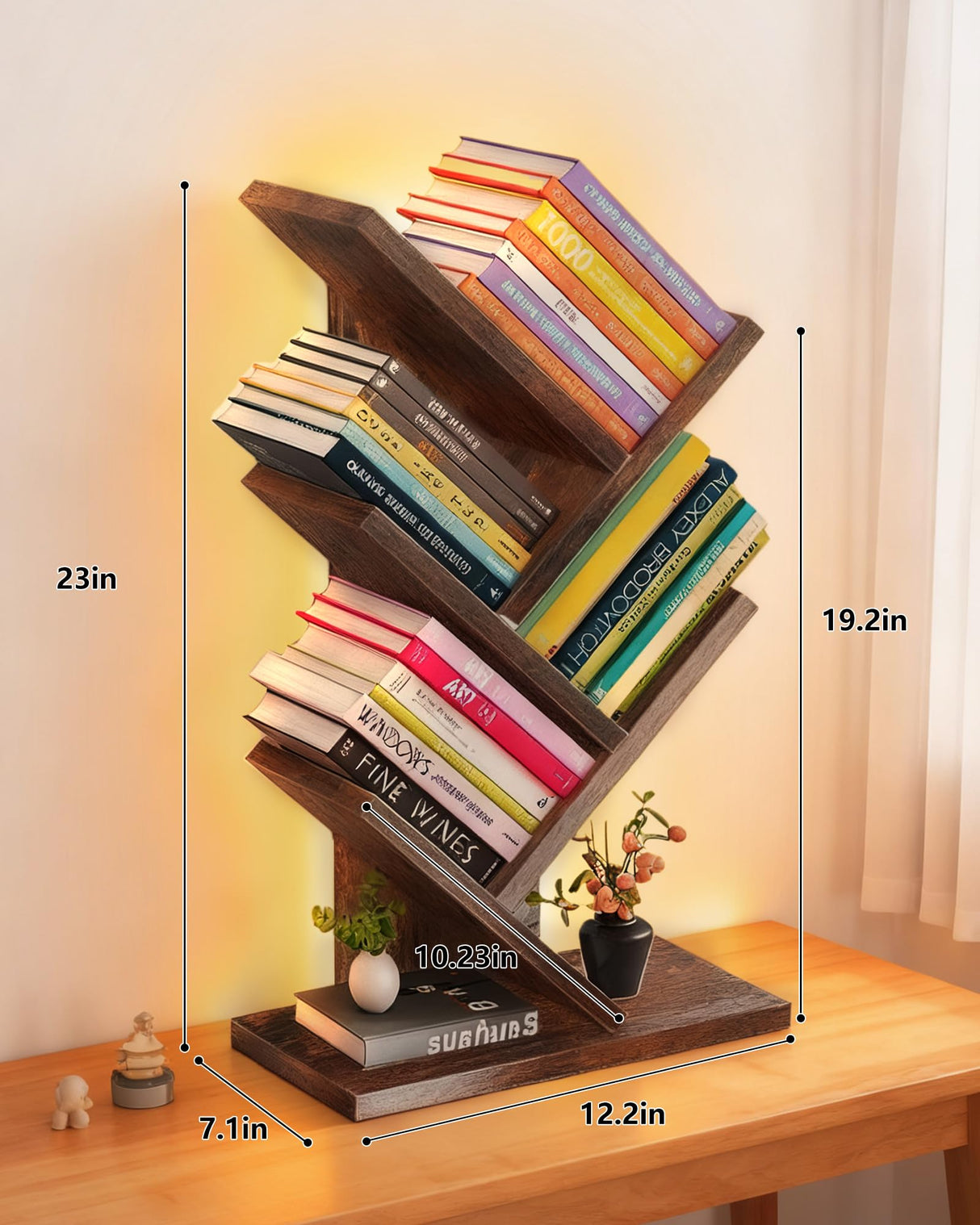 Godferyxin Tree Bookshelf with Liting,Small Bookshelf LED and Desktop Book Shelf for Office, Home or School Mini Bookcase for Wood Displaying Books, CDs, Magazines Wood Shelf Rack Godferyxin