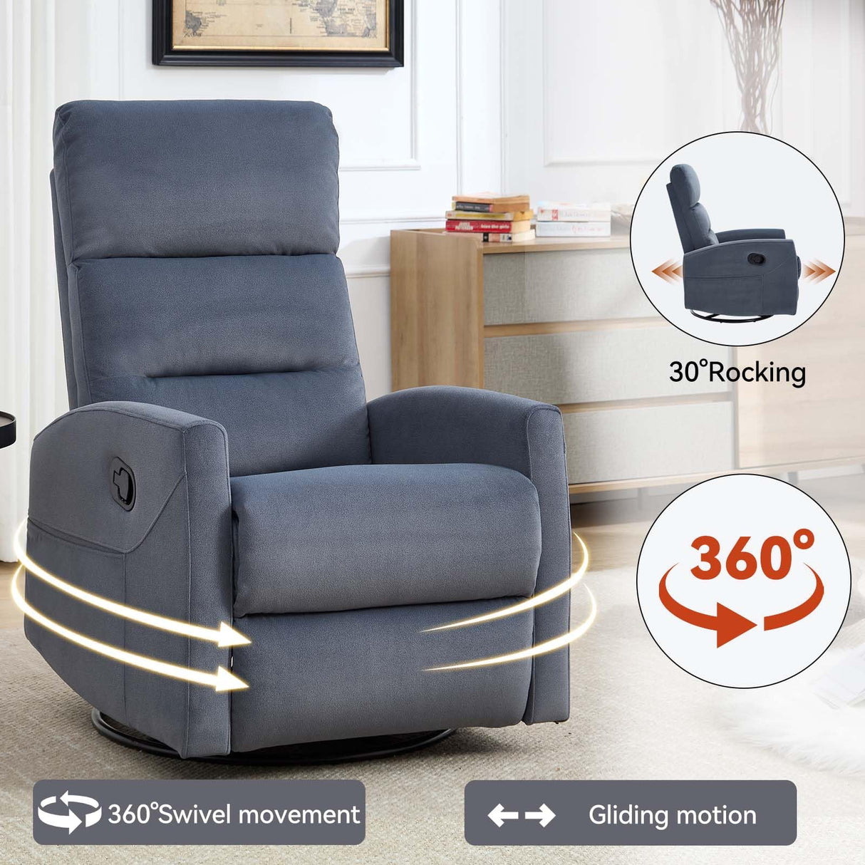 360° Swivel Rocker Recliner Chairs for Adults, Manual Nursery Glider Chair with Side Pockets and High Back, Small Lazy Boy Rocker Recliner for Small Spaces, Living Room, Bedroom (Blue Grey+Fabric) YskdhfczQ
