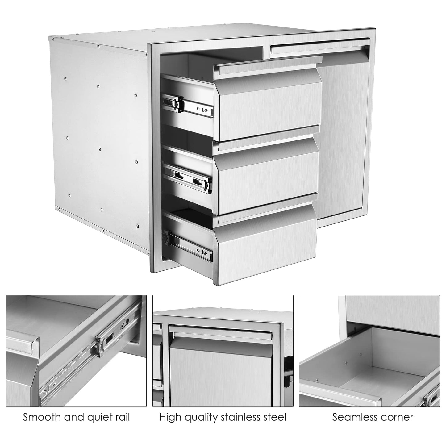 Yokrawpet Outdoor Kitchen Drawer Combo(28" W x 19.6“D x 20.1" H),Stainless Steel Triple Drawers & 2 Trash Can Drawers,Enclosed Built-in Drawer Flush Mount for Outdoor Kitchens & BBQ Islands ﻿ ﻿