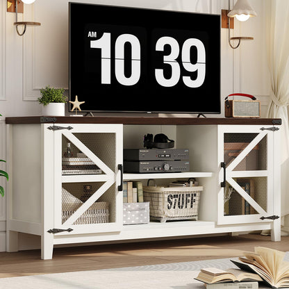 TV Stand for 65 Inch TV, Farmhouse Entertainment Center with Storage and Shelves, Industrial TV Stand with Mesh Door, White TV Media Console Cabinet Furniture for Living Room, Bedroom (White, 58 Inch)