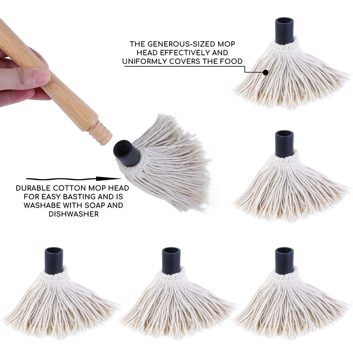 Donxote 18 Inch BBQ Mop Brush Set of 2, with 6 Extra Replacement Heads, Wooden Long Handle Cotton Head Mopping Basting Grill Sauce Perfect for Grilling Smoking Steak Marinade or Glazing Donxote