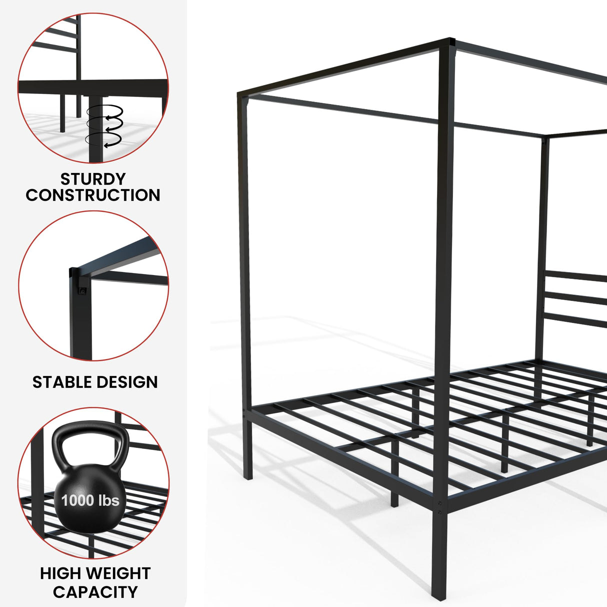 AMBEE21 Golden Gate Beds Canopy Metal Bed Frame with Headboard – Wrought Iron Platform Design, Sturdy Slatted Base, No Box Spring Needed, Underbed Storage Space – Full, Black AMBEE21