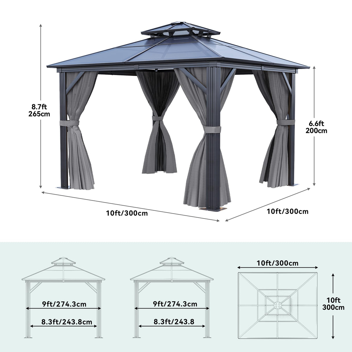 YITAHOME 10x10FT Gazebo Polycarbonate Hardtop Double Roof Canopy Outdoor with Netting and Shaded Curtains, Aluminum Frame Garden Tent for Patio, Backyard, Deck and Lawns, Grey YITAHOME