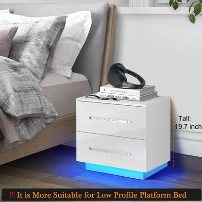 HOMMPA Small LED Nightstand Set of 2 White Nightstand with LED Light Modern Matte LED Bedside Table Night Stand with High Gloss Drawers for Bedroom Nightstand Furniture Set 19.7" Tall - WoodArtSupply