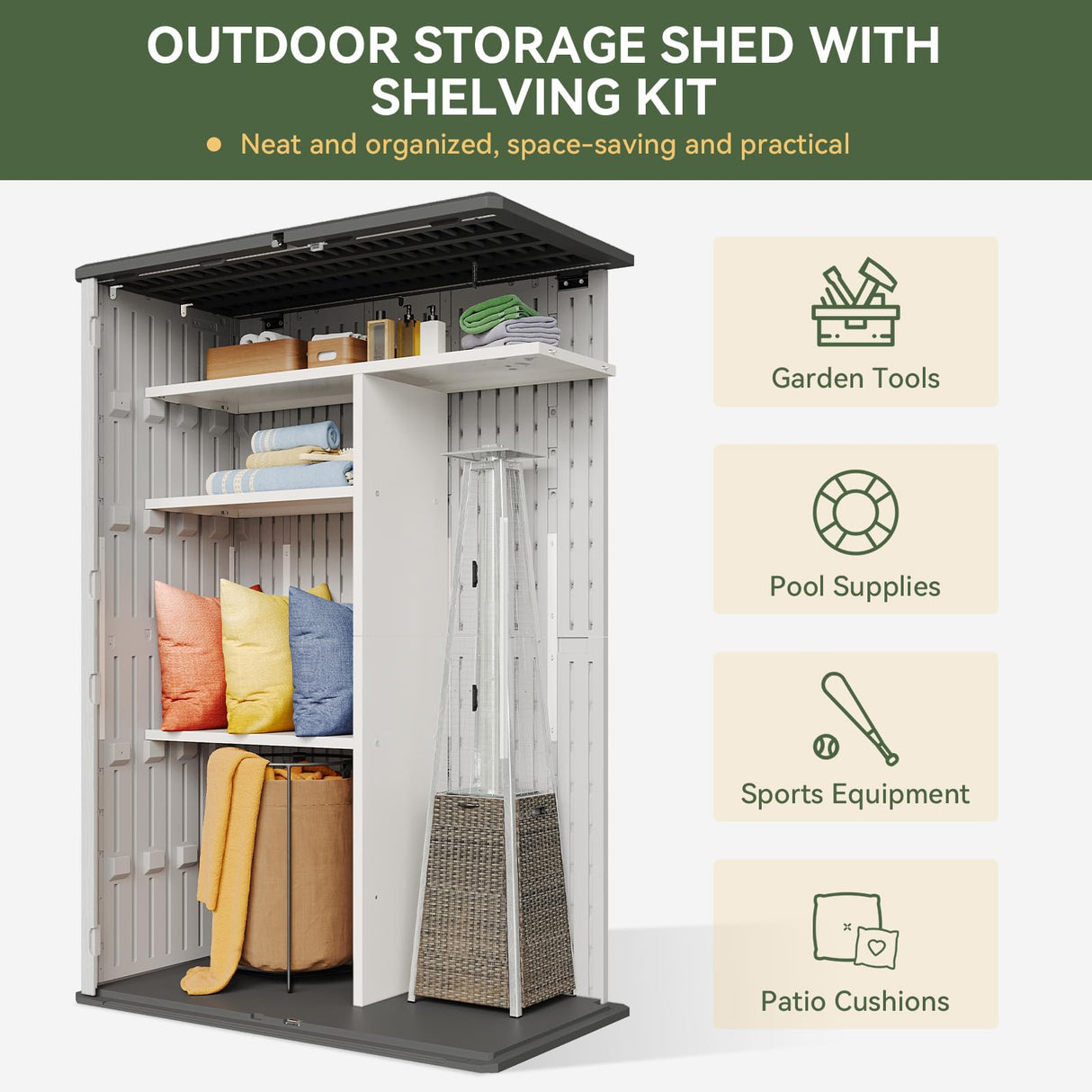 Aoxun Outdoor Resin Storage Shed with Metal Shelving Kit & Floor, 64 Cu.Ft Vertical Waterproof Storage Cabinet for Garage, Pool, Bike, Garden Tools, Patio Furniture (White) Aoxun