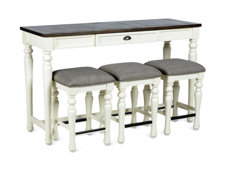 Steve Silver Furniture Joanna Sofa Bar 4PC Set, 36.5-Inch Table Height, Farmhouse Design, Living Room, Dining/Kitchen Table, Small Space, Three Counter Stools, 60" W x 20" D x 36" H, White Steve Silver