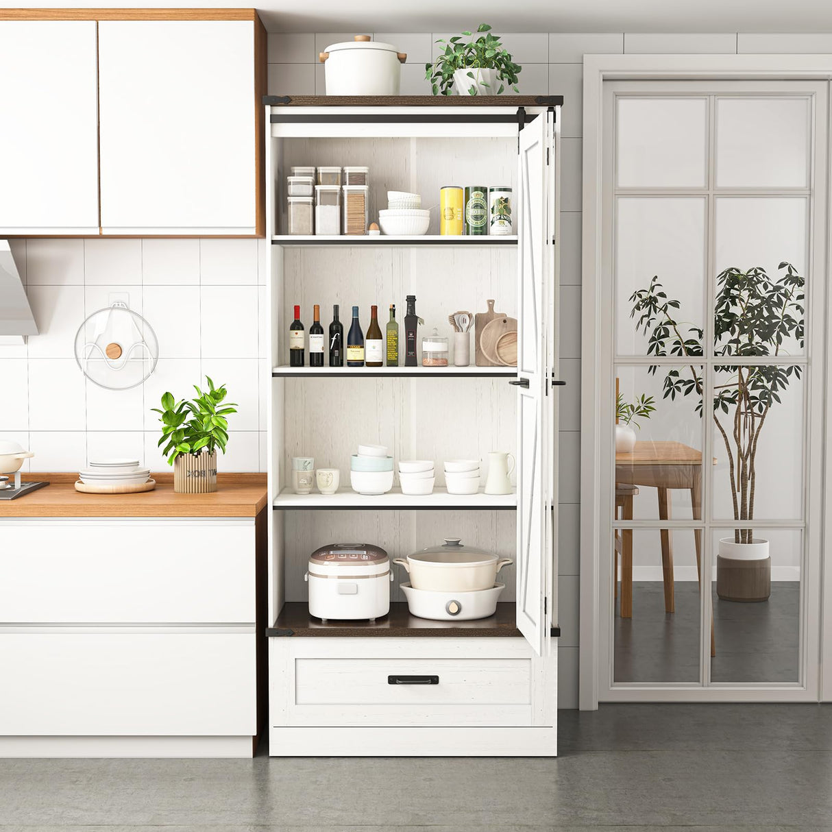 Hlivelood 72" Tall Storage Cabinet with Barn Doors & Drawer, Pantry Cabinet with Adjustable Shelves, Rustic Wood Cupboard for Kitchen, Dining Room, Living Room, White Hlivelood