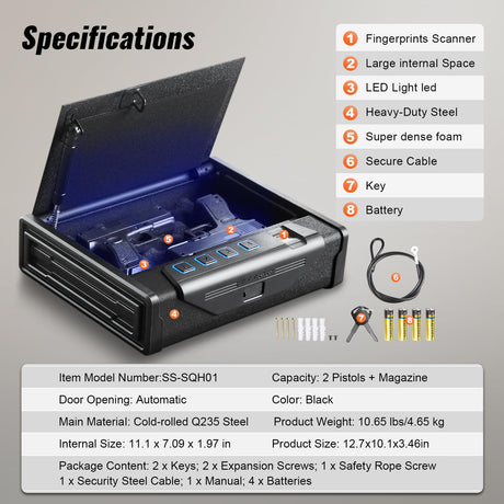 VEVOR Gun Safe for Pistols, Biometric Gun Safe with Three Quick Access Ways of Fingerprints, Passwords and Keys, Handgun Safe for 2 Pistols for Home, Bedside, Nightstand, Car VEVOR