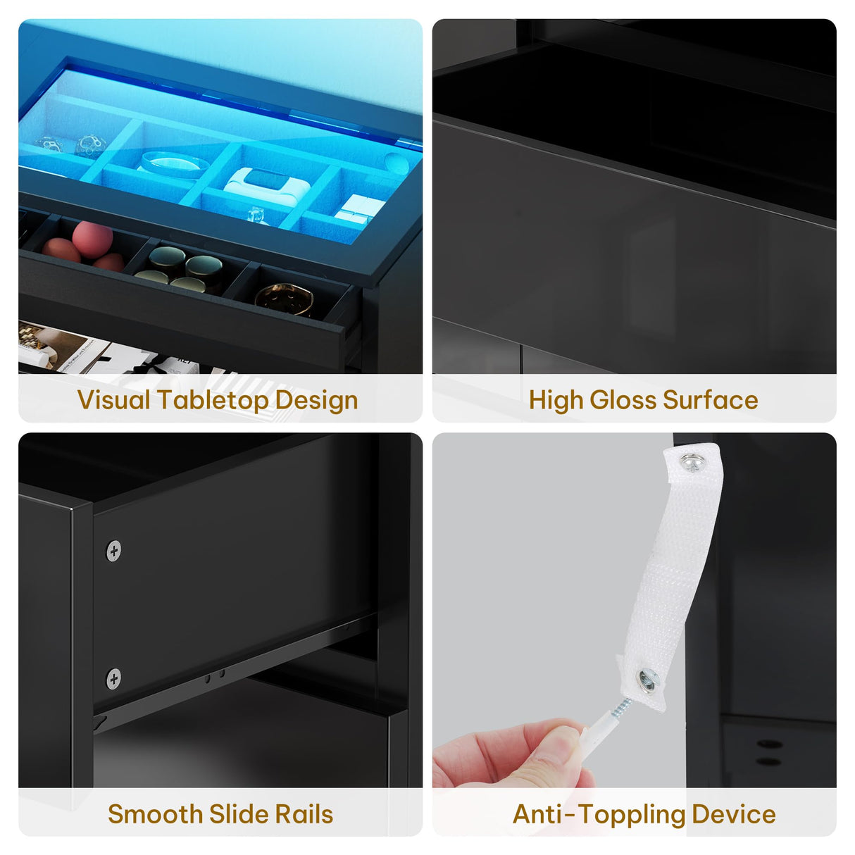 DWVO 8 Drawer Dresser with LED, Black Dresser, Modern 8 Chest of Drawers with Deep Drawers Glass Top High Gloss Surface, Storage Organizer Cabinet for Living Room DWVO