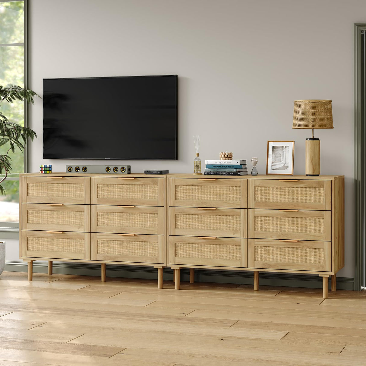 Furniouse 6 Drawer Rattan Dresser for Bedroom, Wooden Dresser Chest of Drawers, Storage Organizer for Closet, Beside Table for Living Room, Entryway Furniouse