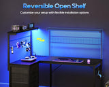 MOTPK L Shaped Gaming Desk with Shelf & 4 Drawers, 43" Reversible Computer Desk with LED Light, Home Office Table with Hutch and Hook, Black MOTPK