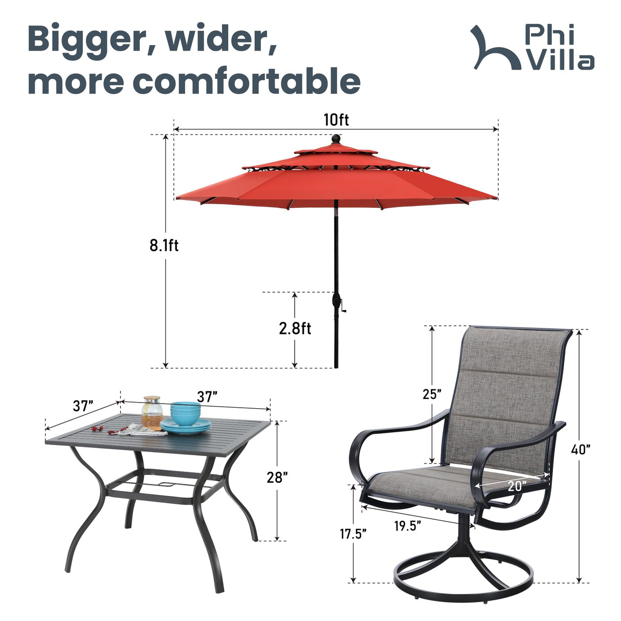 PHI VILLA Patio Dining Set with Umbrella for 4, Outdoor Table & Chairs Set with 4 Padded Swivel Patio Dining Chairs, 1 Metal Dining Table and 10ft Orange Red Large Patio Umbrella (No Umbrella Base) PHI VILLA