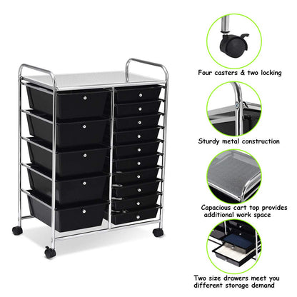 15 Drawer Rolling Storage Cart, Mobile Utility Cart with Lockable Wheels, Drawers, Multipurpose Organizer Cart for Home, Office, School, Black