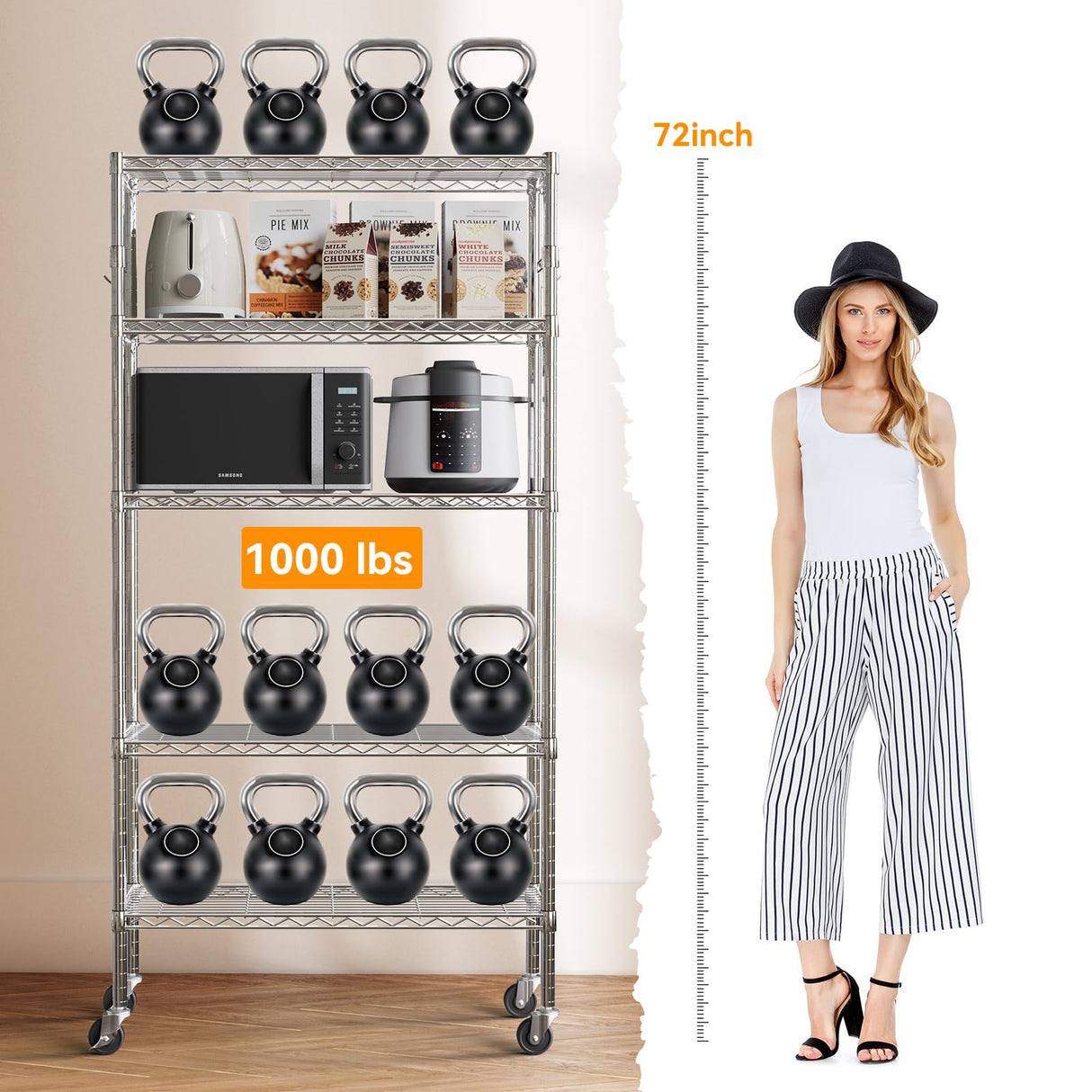 YNN Storage Shelves,1750Lbs 5 Tier Heavy Duty Metal Rolling Shelving Unit with Wheels & 8 Hooks, Adjustable Garage Wire Rack for Kitchen, Bathroom,Industrial,Pantry(36" W x 14" D x 72" H, Chrome) YNN