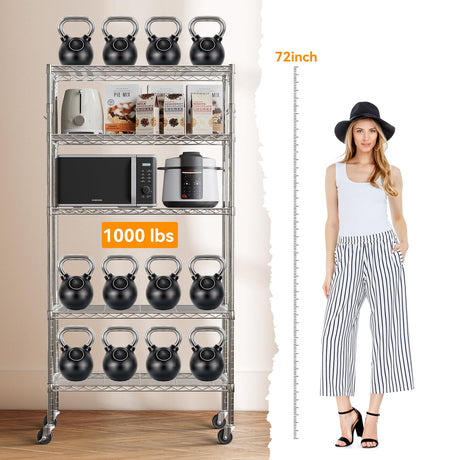 YNN Storage Shelves,1750Lbs 5 Tier Heavy Duty Metal Rolling Shelving Unit with Wheels & 8 Hooks, Adjustable Garage Wire Rack for Kitchen, Bathroom,Industrial,Pantry(36" W x 14" D x 72" H, Chrome) YNN