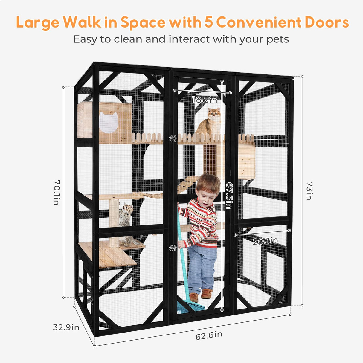 Nicedday Large Cat Catio Outdoor Window Enclosure 73" Wooden Cat House Attached to Window Catio for Cats Walk in Kitty Kennel with Large Enter Door 2 Napping Houses nicedday