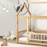 Montessori Twin House Bed Frame with Roof and Fence for Kids, Natural Pine LLS