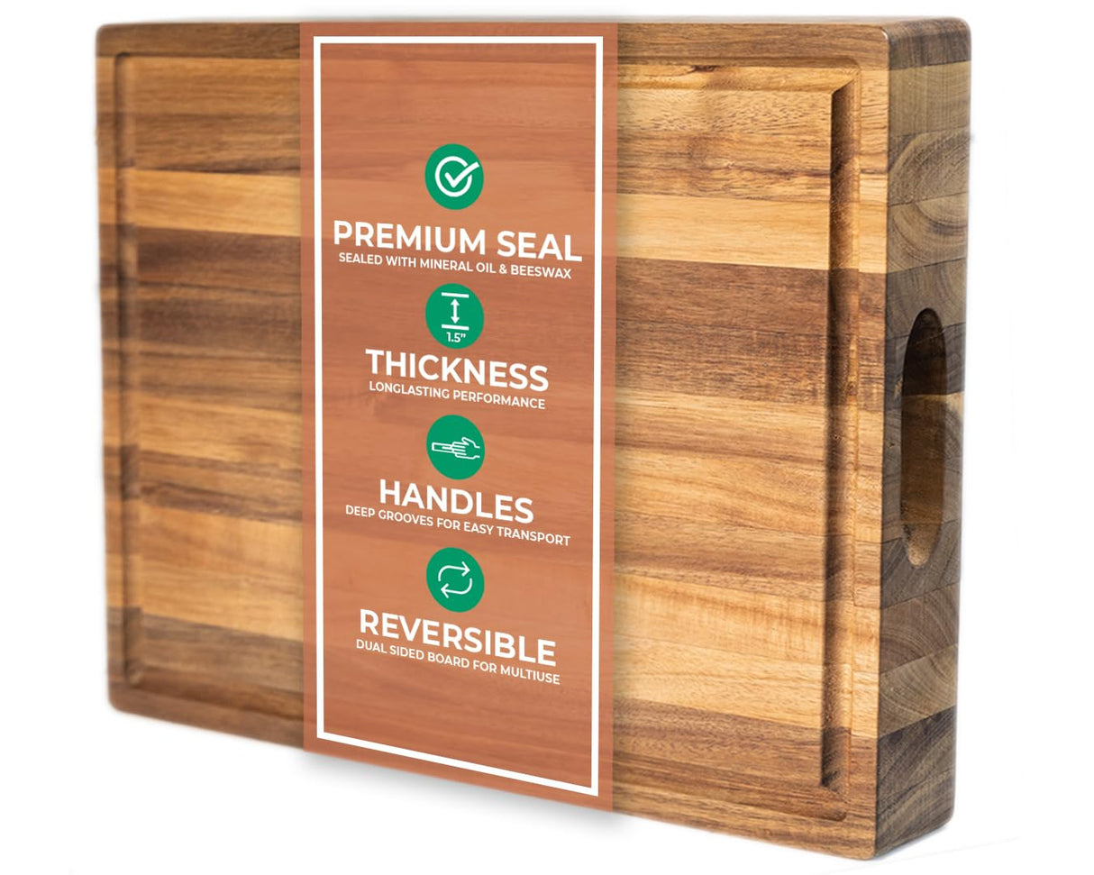 Saffron & Sage Large Wood Cutting Board - Thick 16 x 12 x 1.5 Inch Acacia Wooden Cutting Boards for Kitchen use with Deep Juice Groove, Reversible Saffron & Sage Home Living