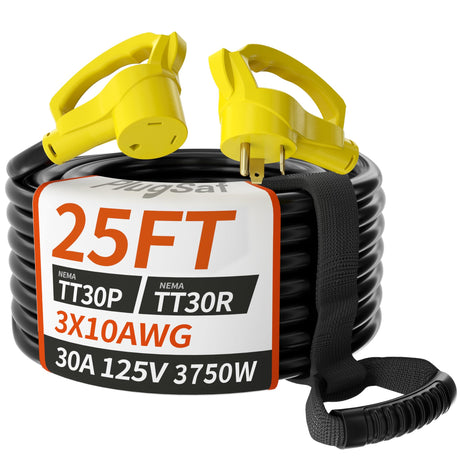 PlugSaf 25 FT 30 Amp RV Extension Cord Outdoor with Grip Handle, Flexible Heavy Duty 10/3 Gauge STW RV Power Cord Waterproof with Cord Organizer, NEMA TT-30P to TT-30R, Black-Yellow, ETL Listed PlugSaf