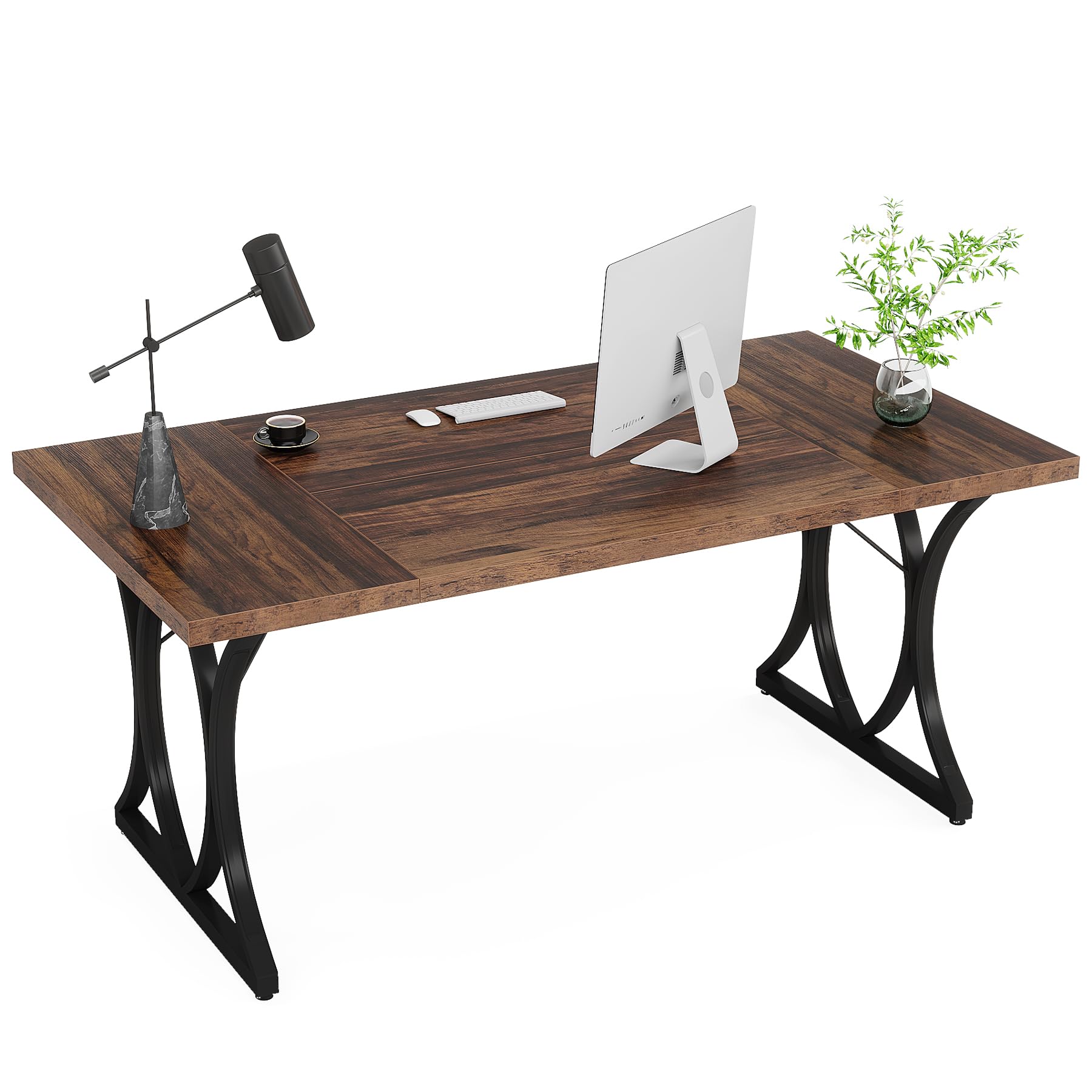 Tribesigns 63 L x31W x 30 H Executive Desk, Farmhouse Wood Computer Desk, Large Home Offcie Table with Black Metal Frame, Long Table (black&rustic) - WoodArtSupply