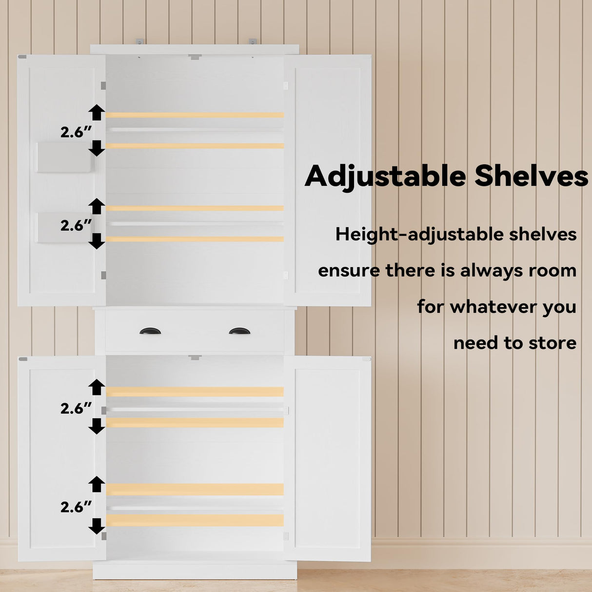 IRONCK Kitchen Pantry Storage Cabinet 83.9" H, with Barn Doors, Drawer, 4 Adjustable Shelves, Freestanding Cupboard for Dining Room Living Room, Laundry, White IRONCK