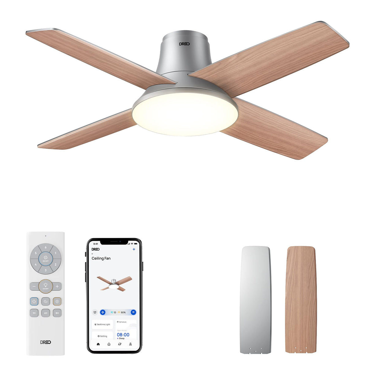 Dreo Ceiling Fans with Lights, 12 Speeds & 3 Fan Modes, Quiet DC Motor, Low Profile Easy to Install, Flush Mount Smart Ceiling Fan with Dimmable LED, 12H Timer for Bedroom, Remote, Silver, 44'' Dreo