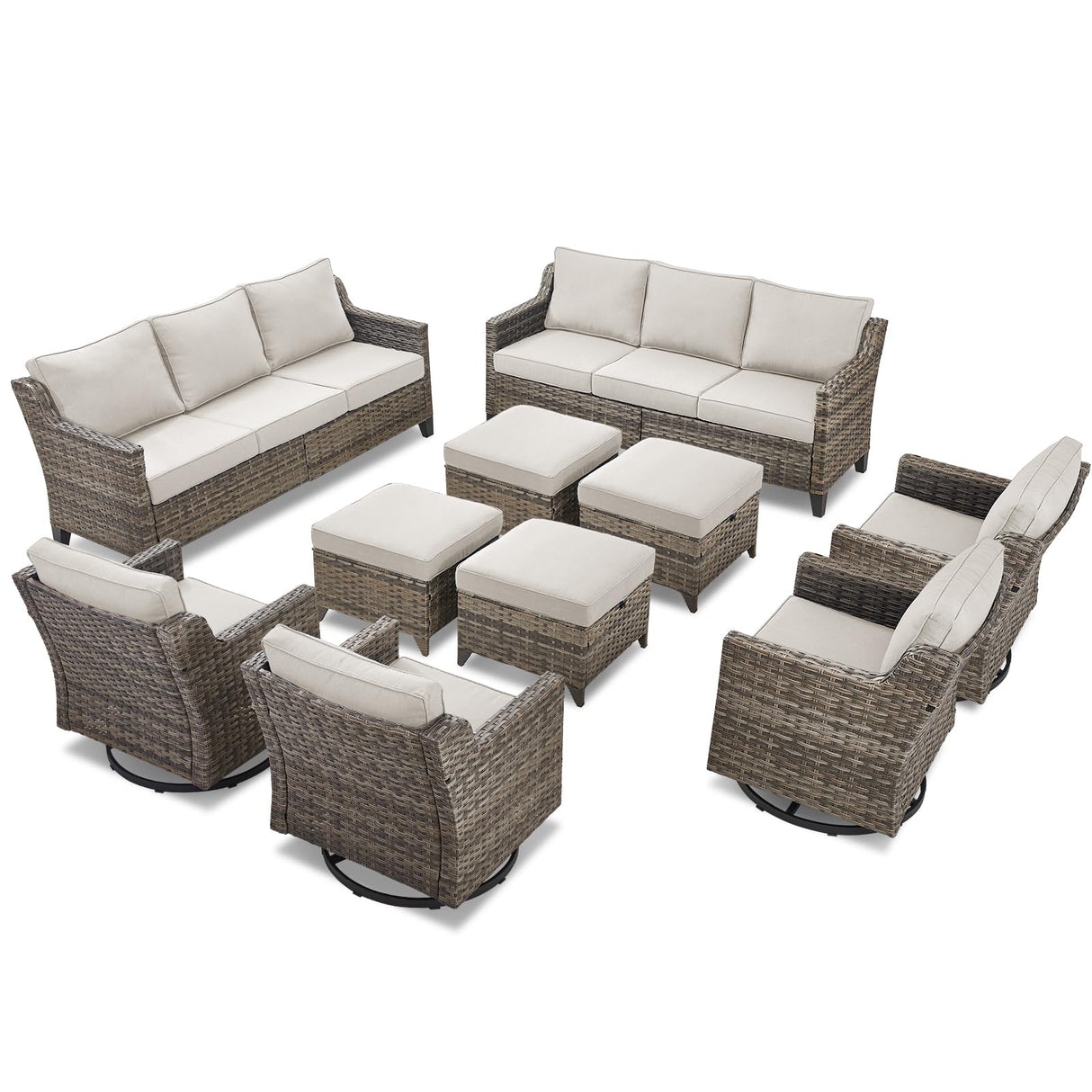 AMCLOBA 10 Piece Patio Furniture Set-High Back Outdoor Furniture Set Sectional Sofa with Wicker Swivel Patio Chairs,Comfy Cushions Ottomans for Porch Balcony Patio Deck Grey/Beige AMCLOBA