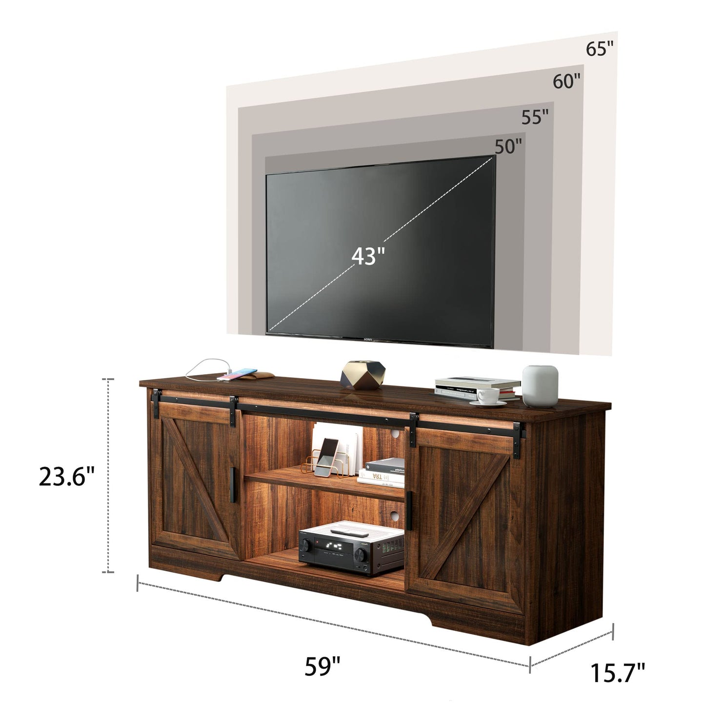 Kasibie Farmhouse 65" TV Stand, Modern LED TV Stand Brown, Entertainment Center with Storage Cabinet, Sliding Barn Door Media Cabinet (Brown) - WoodArtSupply