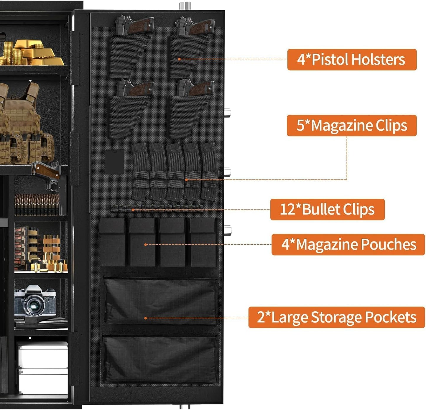 30 Gun Safe, Large Rifle Safe for Rifle and Shotgun/Rifle Pistol Rack/Storage Pocket/Removable Shelf/Silent Mode/External Battery/LED/Key,180° Open Door Panel Organizer Gun Cabinet Safe Unassembled