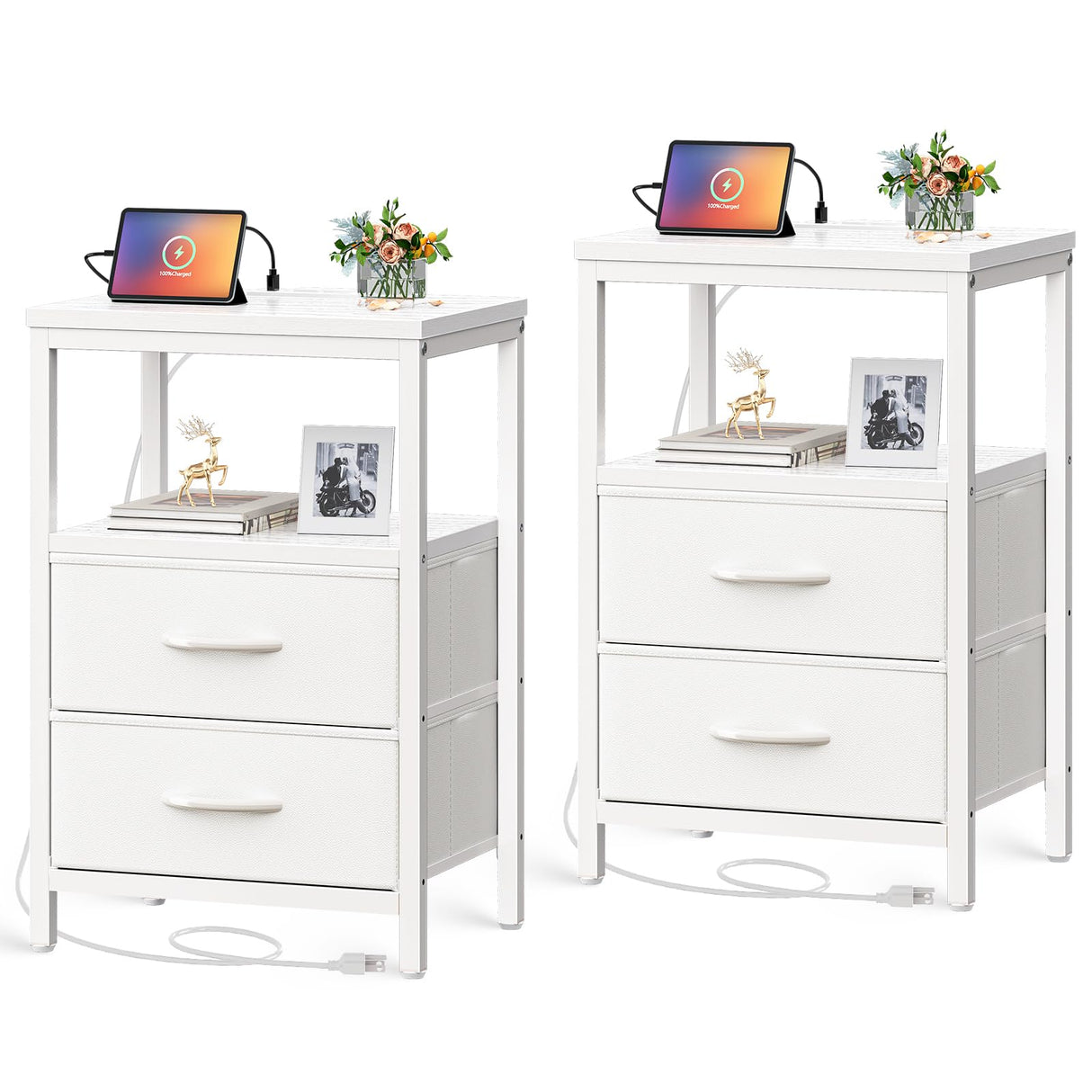 Huuger Nightstands Set of 2, End Tables with Charging Station, Side Tables with Fabric Drawers, Bedside Tables with USB Ports and Outlets, Night Stands for Bedroom, White Huuger