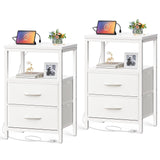 Huuger Nightstands Set of 2, End Tables with Charging Station, Side Tables with Fabric Drawers, Bedside Tables with USB Ports and Outlets, Night Stands for Bedroom, White Huuger